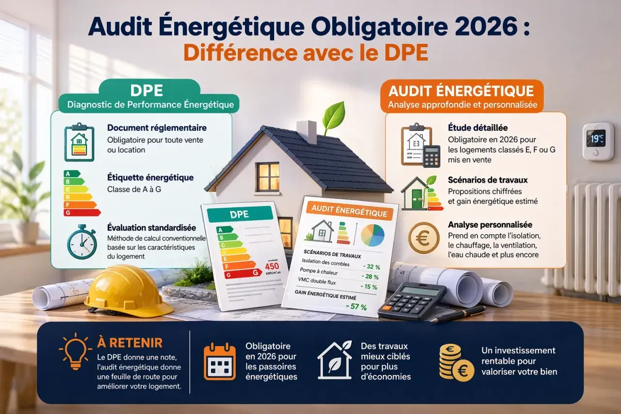 L'audit énergétique obligatoire en 2026 détaille les travaux pour améliorer la performance de votre logement, contrairement au DPE.