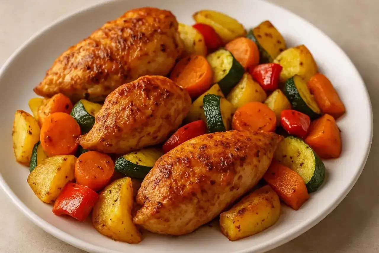 Soczyste kawałki indyka z airfryer, podane z pieczonymi ziemniakami, marchewką, cukinią i papryką.