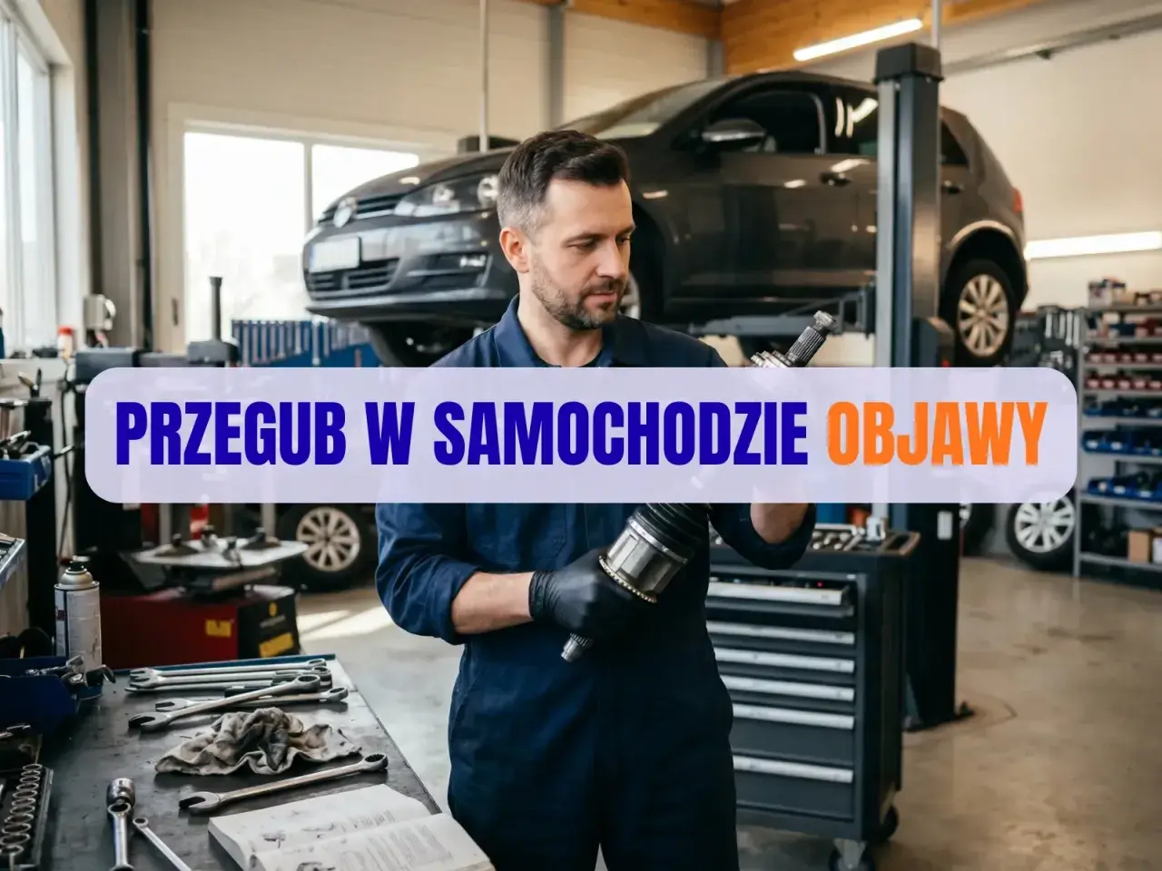 Mechanik pokazuje przegub, element układu napędowego. Zepsuty przegub w samochodzie objawy są często słyszalne podczas jazdy.