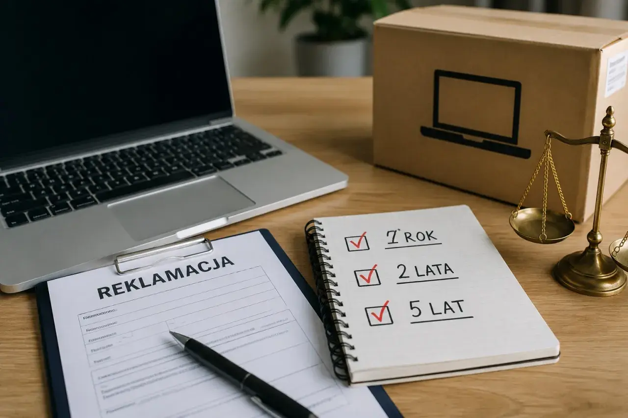 Na biurku leży dokument reklamacji, laptop, pudełko z symbolem komputera i waga szalkowa. Notatnik pokazuje zaznaczone terminy: 7 lat, 2 lata, 5 lat. Brak odpowiedzi na reklamację.