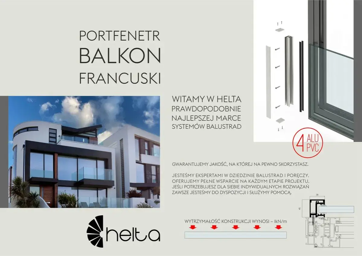 Nowoczesny portfenetr balkon francuski z balustradą szklaną na eleganckim budynku. Helta - eksperci od balustrad.