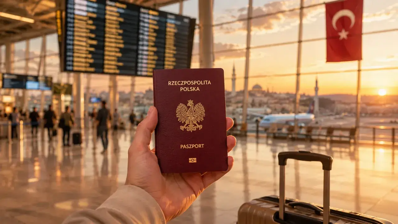Pasport w dłoni, walizka obok, a za oknem lotniska wschód słońca i turecka flaga. Czas na wyjazd do Turcji!