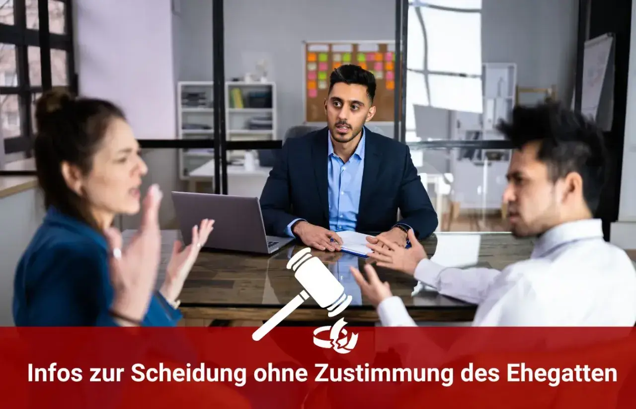 Streitendes Paar vor Anwalt. Kann man sich scheiden lassen wenn der Partner nicht will? Hier Infos zur Scheidung ohne Zustimmung des Ehegatten.