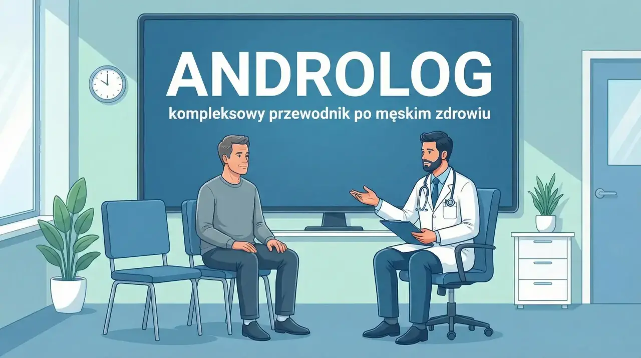 Lekarz androlog rozmawia z pacjentem w gabinecie. Na ekranie widnieje napis "ANDROLOG".