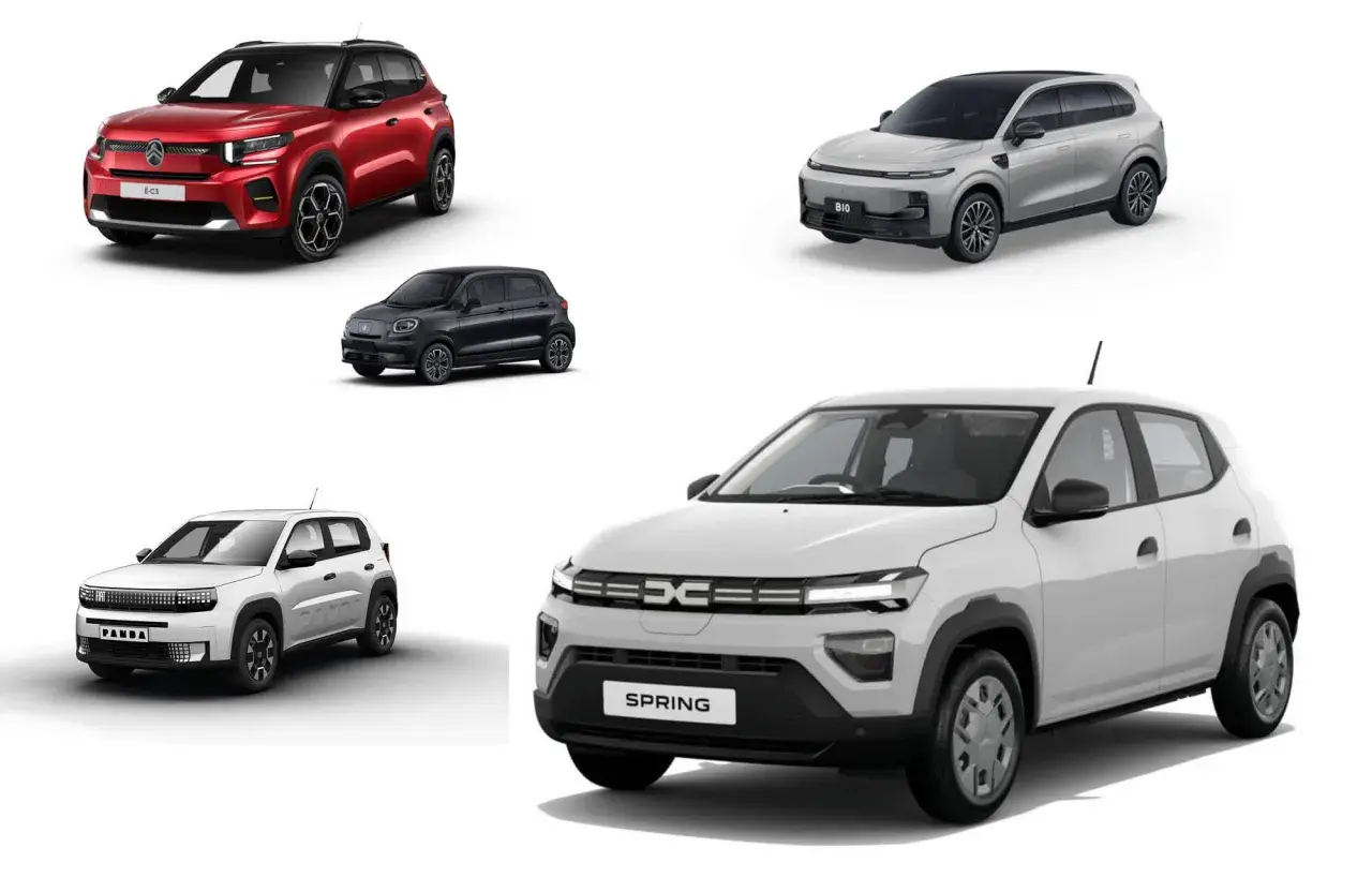 Szukasz najtańszych samochodów elektrycznych? Zobacz te modele: czerwony E-C3, czarny miejski, biały Panda, szary B10 i biały Spring.
