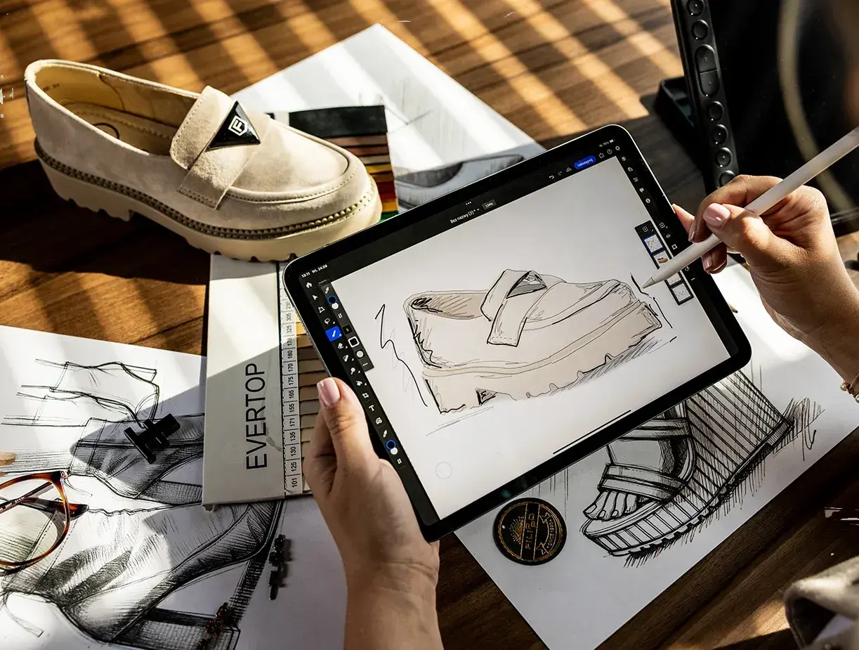 Projektantka szkicuje buty Filippo, firmy znanej z modnego obuwia. Na stole leży gotowy model i szkice.