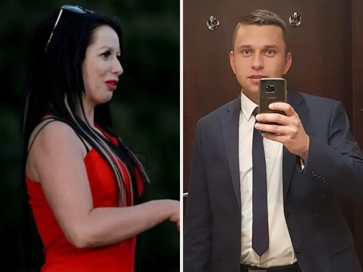 Krzysztof rolnik szuka żony. Obok niego kobieta w czerwonej sukience.