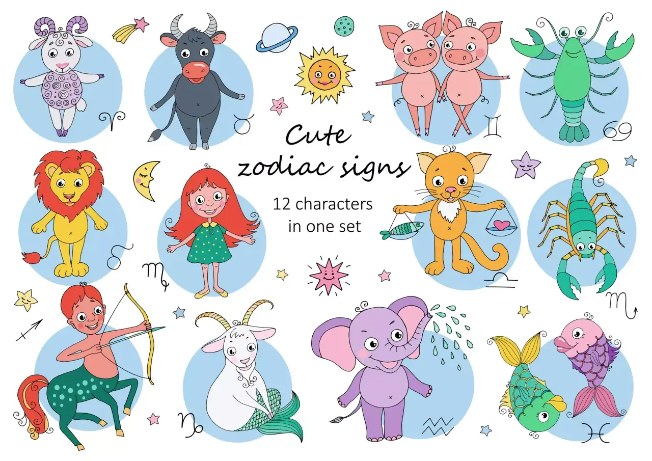 Urocze znaki zodiaku: baran, byk, bliźnięta, rak, lew, panna, waga, skorpion, strzelec, koziorożec, wodnik, ryby.