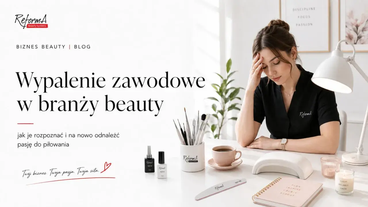 Zmęczona stylistka z dłonią na czole, przy biurku z kosmetykami. Temat: wypalenie zawodowe w branży beauty.