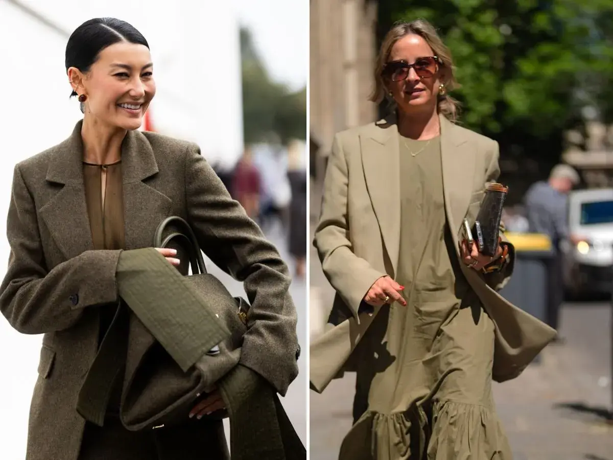 Dwie kobiety w eleganckich stylizacjach w odcieniach khaki. Jedna w brązowej marynarce i sukience, druga w beżowej marynarce i zielonej sukience.