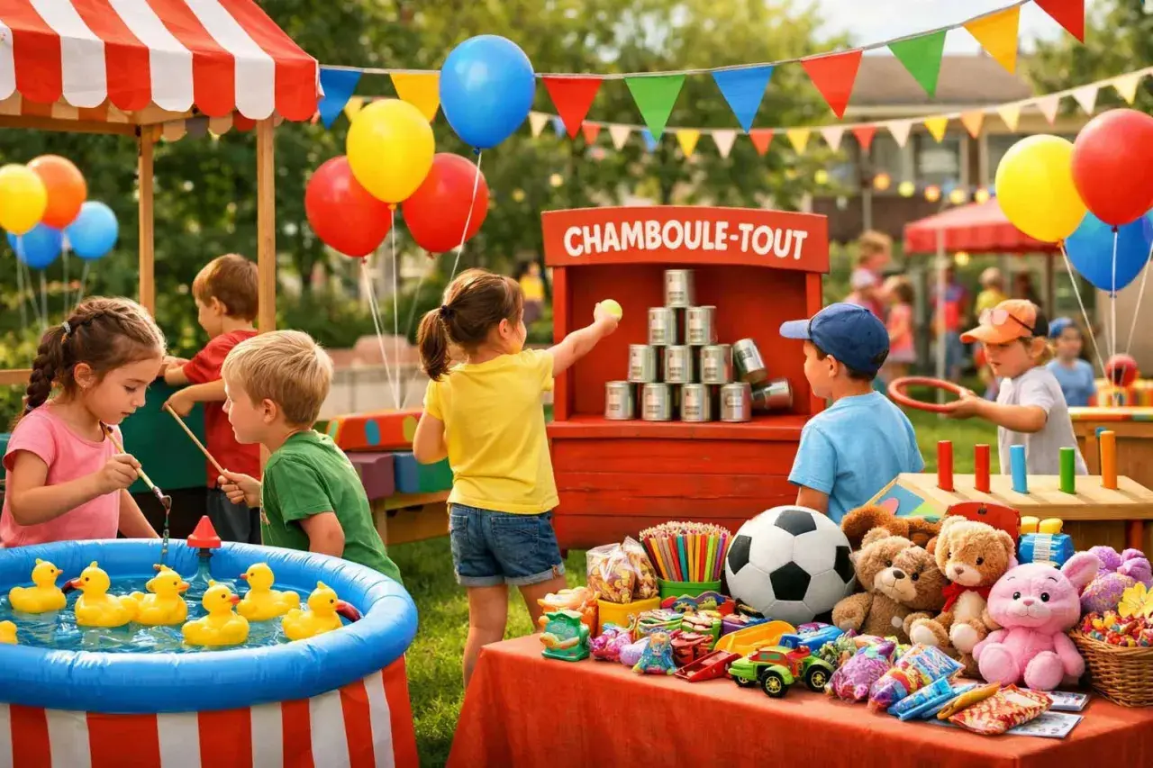 Enfants s'amusant à la kermesse, jeux de chamboule-tout, pêche aux canards, et jouets. 60 idées de jeux pour kermesse.