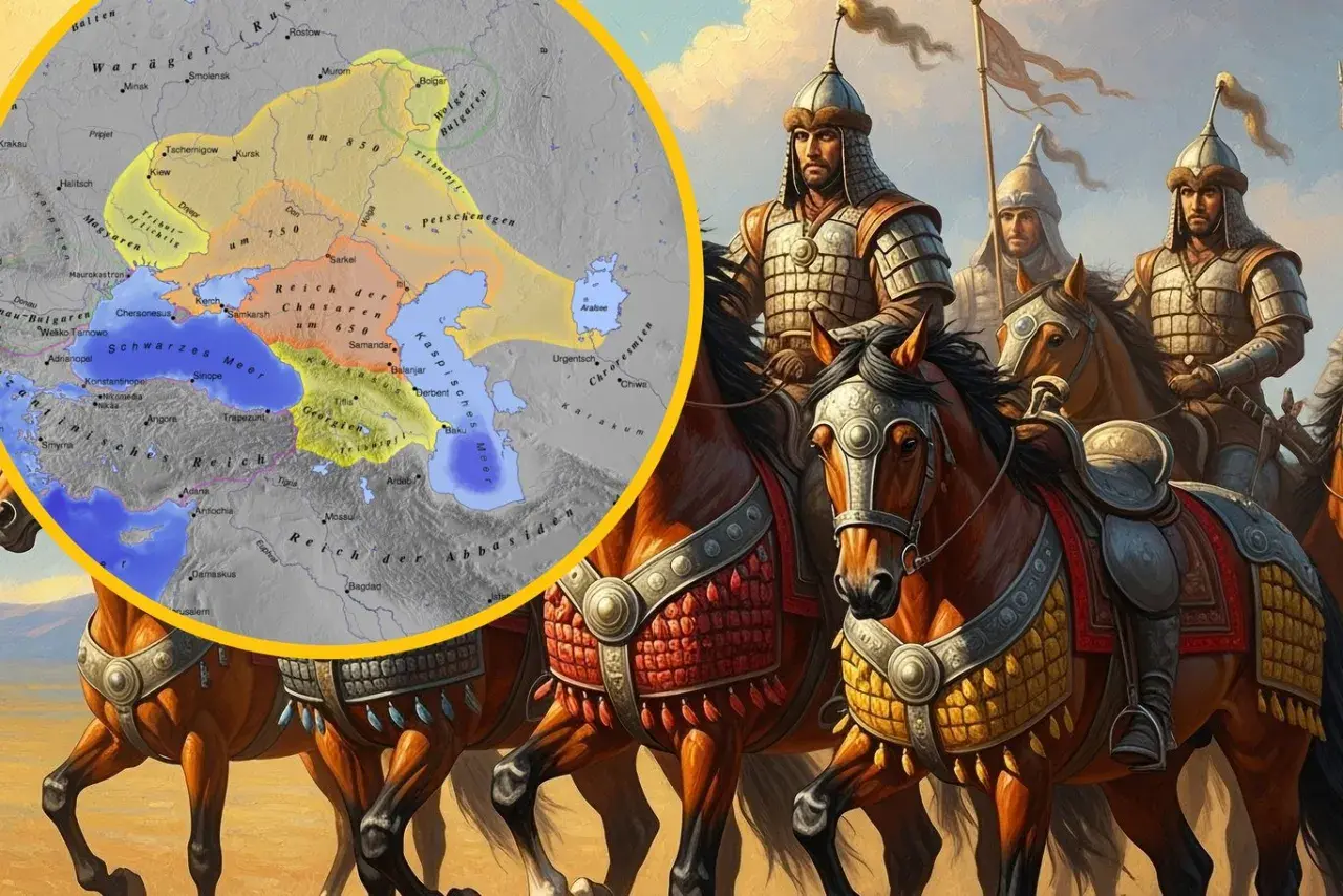 Jazda konna w zbrojach, obok mapa ukazująca zasięg państwa Chazarów w IX wieku.