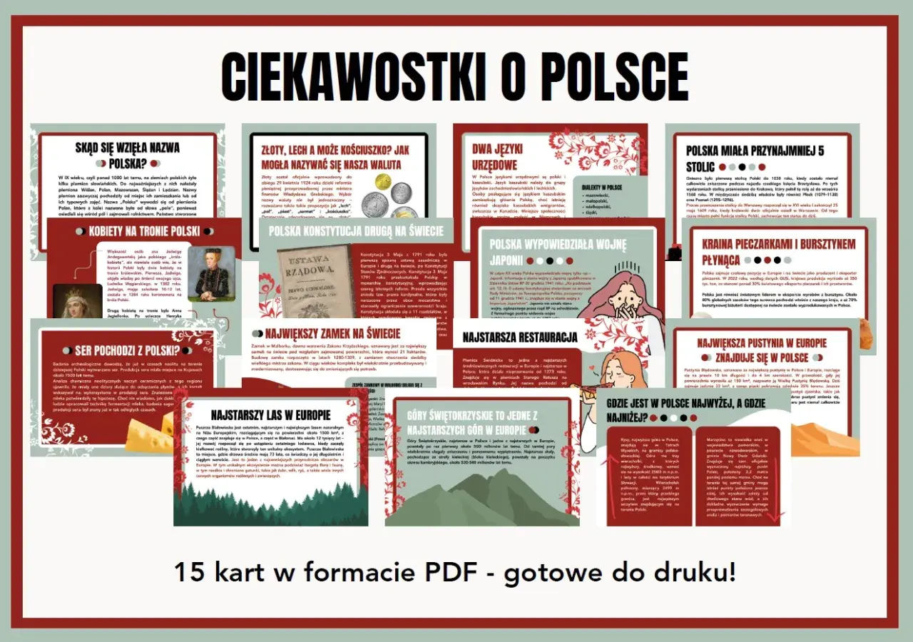 Ciekawostki o Polsce: nazwa, waluta, konstytucja, lasy, góry, pustynia, zamki, stolice, wojna z Japonią, restauracja, bursztyn, pieczarki, kobiety na tronie, ser.