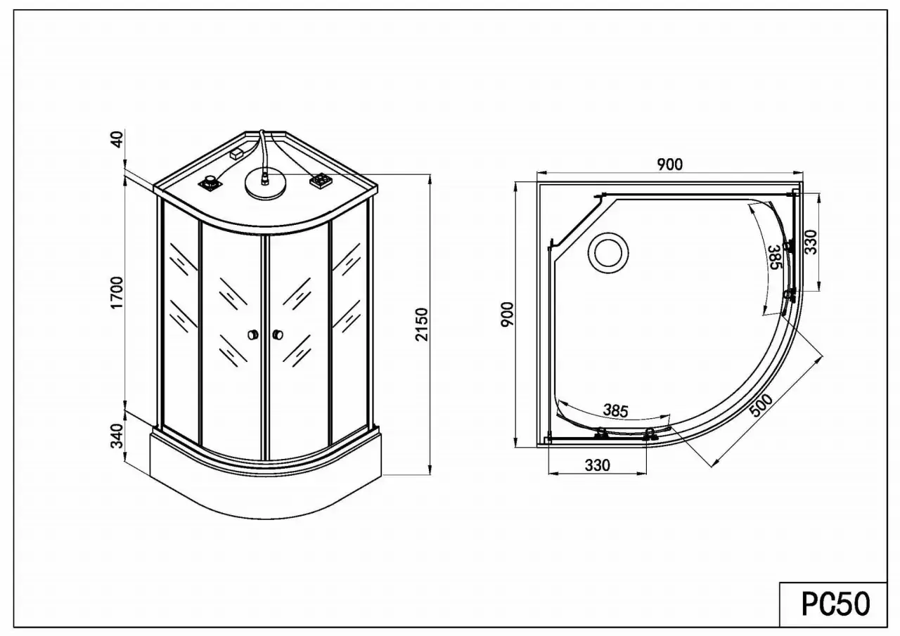 Rysunek techniczny narożnego prysznica z podanymi wymiarami: wysokość 2150 mm, szerokość 900 mm.
