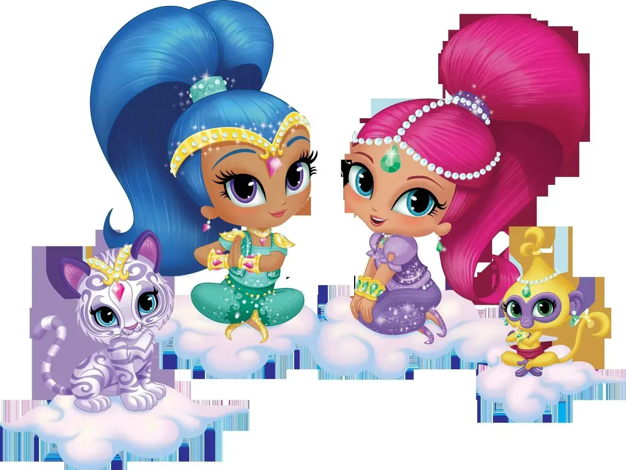 Dwie magiczne dżinny, Shimmer i Shine, siedzą na chmurkach z tygryskiem i małpką. Ich stroje shimmer i shine.
