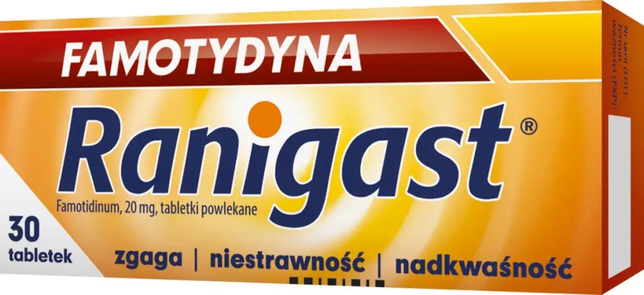 Opakowanie leku Ranigast z famotydyną na zgagę, niestrawność i nadkwaśność. 30 tabletek.