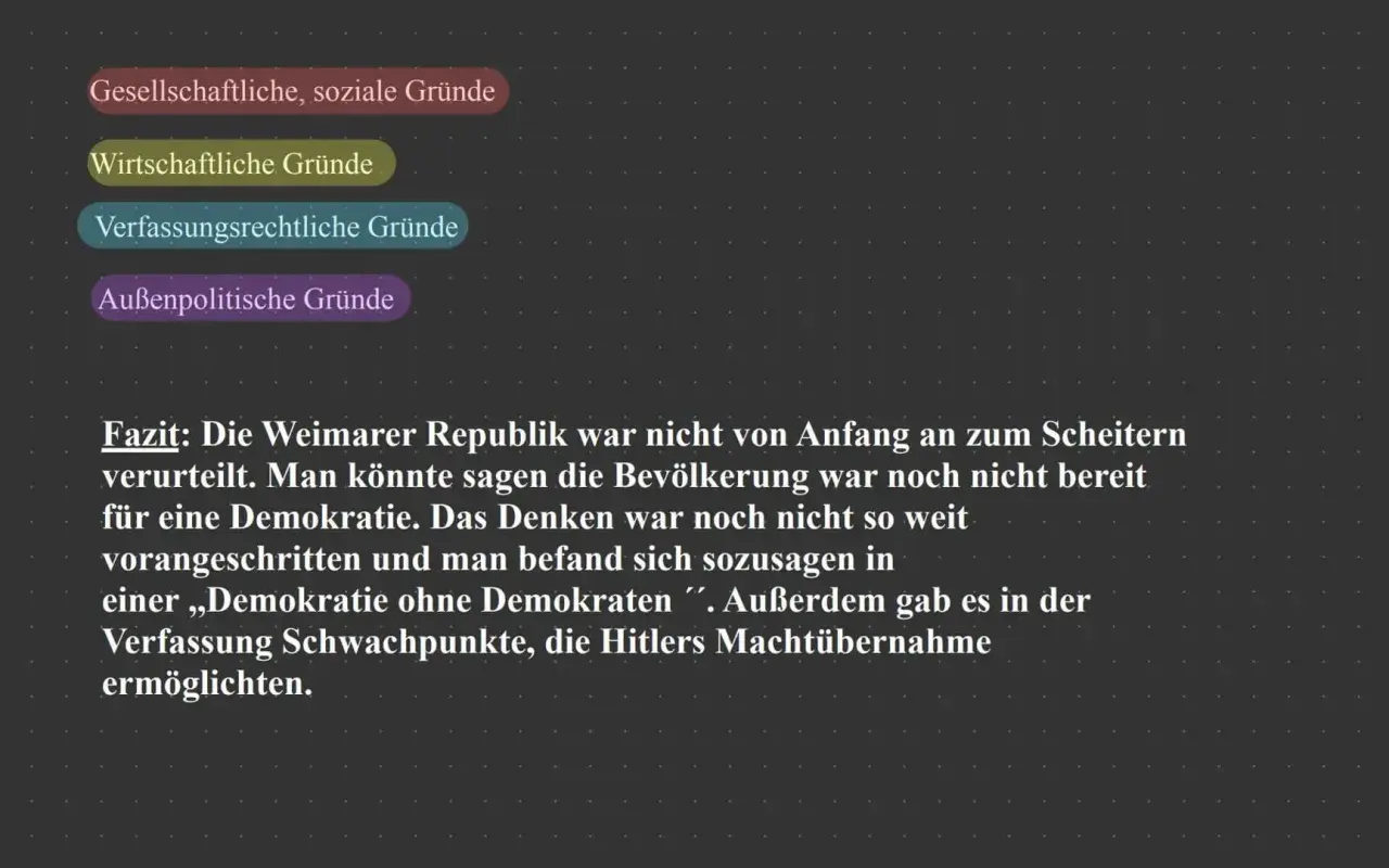 Die Weimarer Republik scheiterte an gesellschaftlichen, wirtschaftlichen, verfassungsrechtlichen und außenpolitischen Gründen. Die Bevölkerung war nicht bereit für Demokratie.