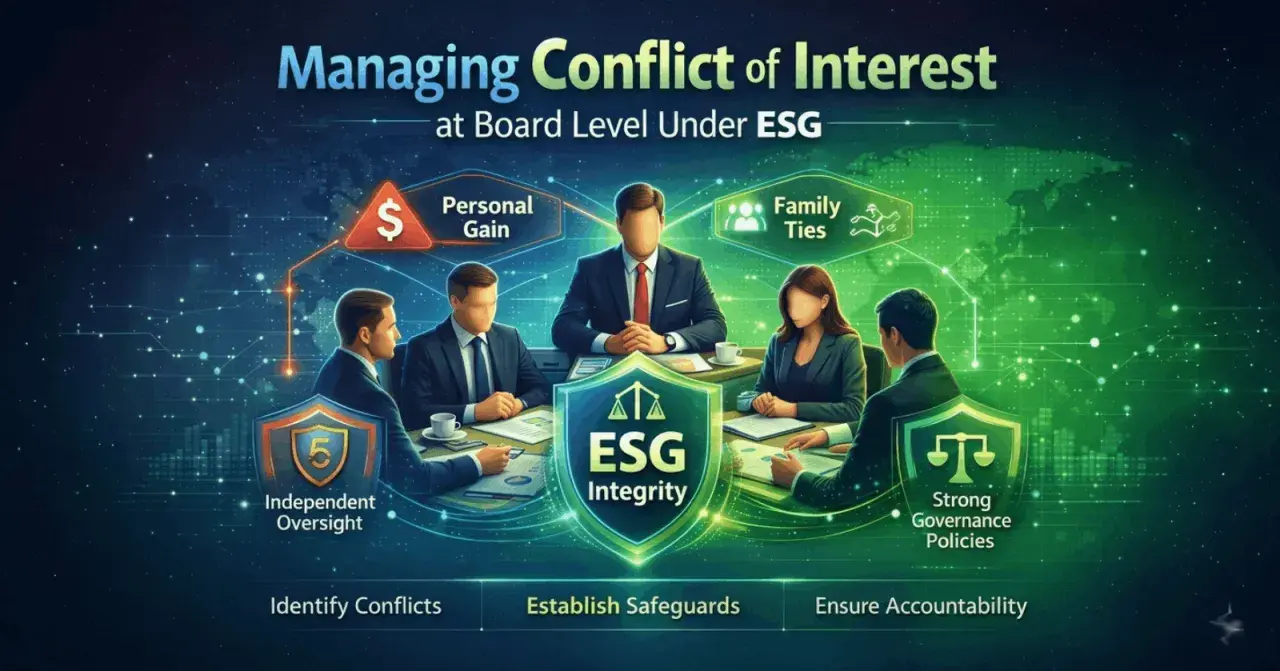 Board members discuss managing conflict of interest, considering personal gain and family ties, to ensure ESG integrity through independent oversight and strong governance.