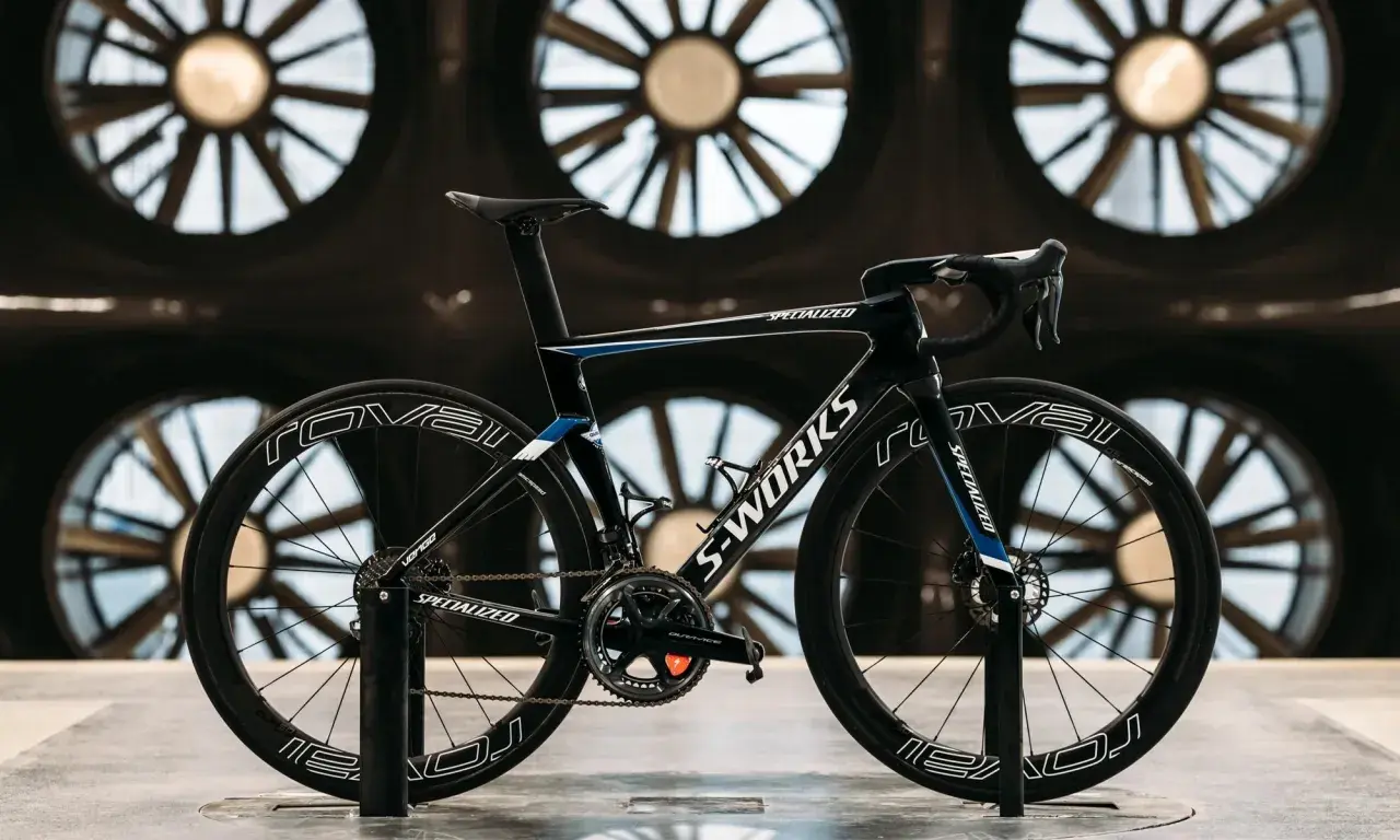 A black S-Works aero bike, designed for speed, is showcased in front of large industrial fans. This is what an aero bike looks like.