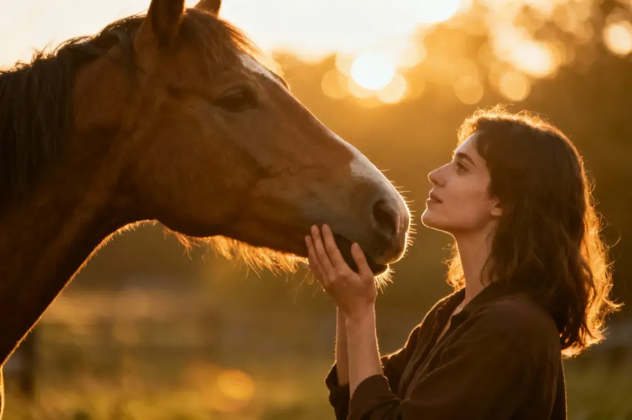 Un homme et son cheval partagent un moment tendre au coucher du soleil.