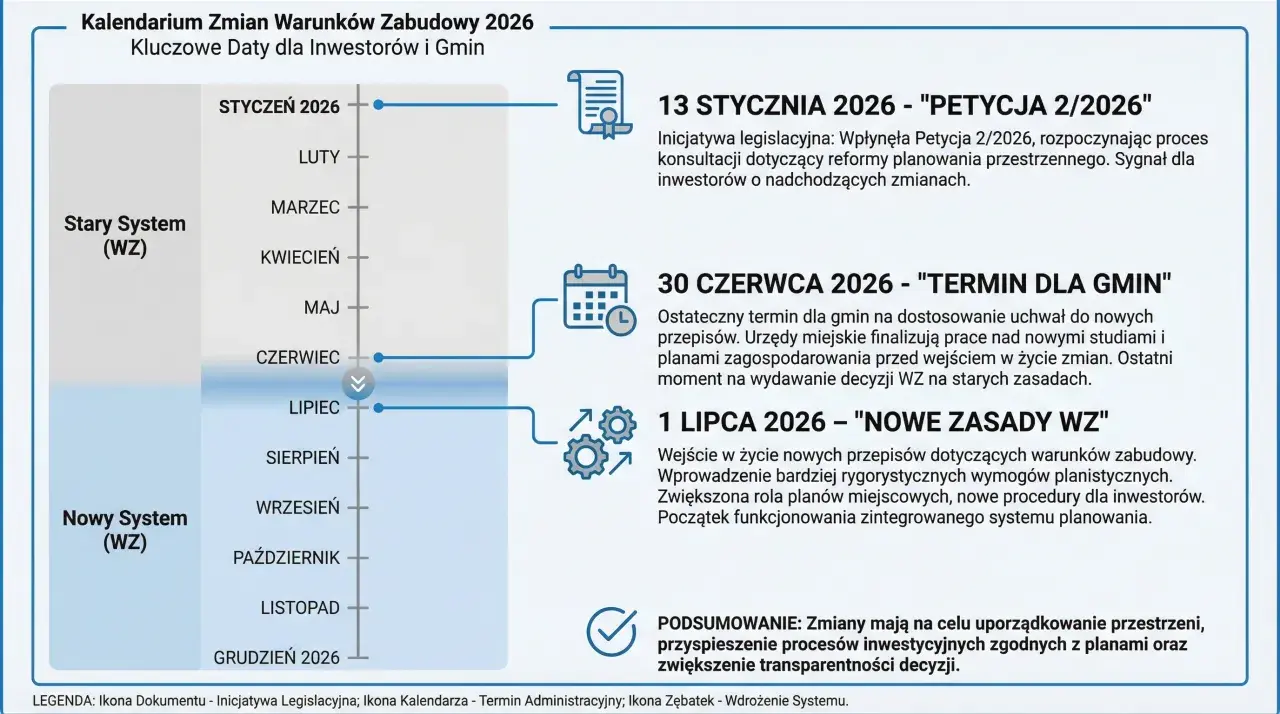 Kalendarium zmian Warunków Zabudowy 2026. Prawda o rzekomym braku odszkodowań za utratę wartości działki po reformie: od 1 lipca nowe zasady WZ.