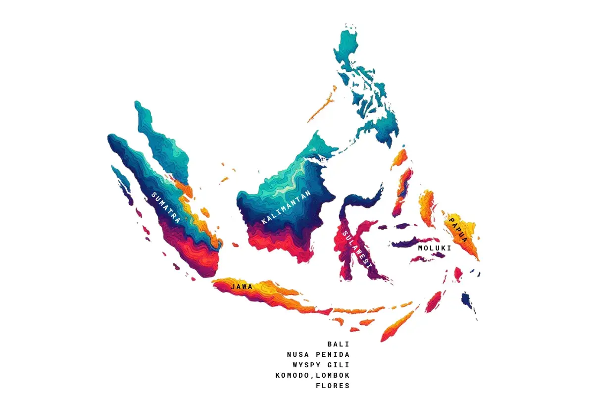 Mapa Indonezji z zaznaczonymi wyspami: Sumatra, Jawa, Kalimantan, Sulawesi, Moluki, Papua. Pokazuje, gdzie leży Indonezja.