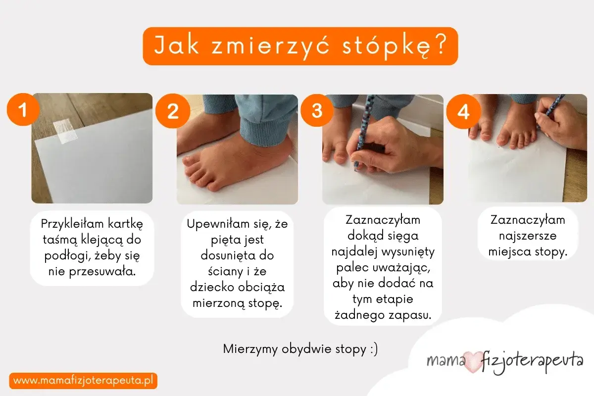 Jak zmierzyć stopę dziecka? Krok po kroku: przyklej kartkę, upewnij się, że pięta jest dosunięta, zaznacz najdłuższy palec i najszersze miejsca. 13 cm jaki to rozmiar buta dziecka?