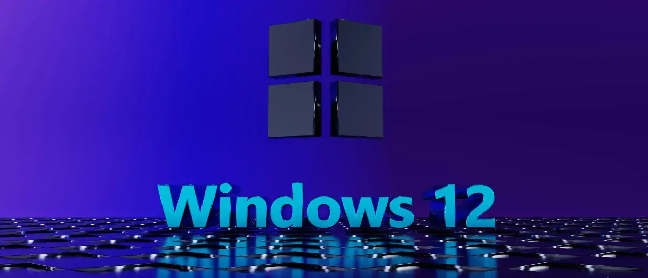 Trójwymiarowe logo Windows 12 na tle gradientowym.