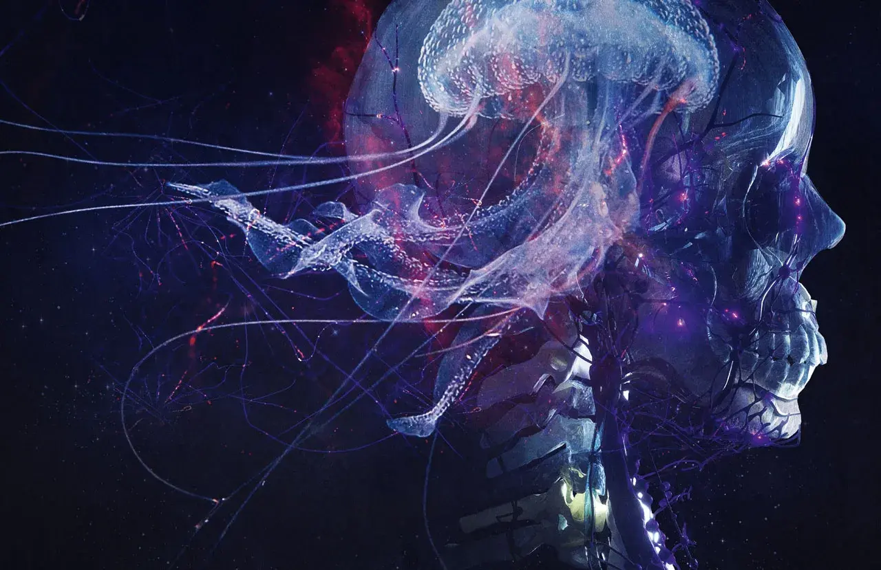 Une méduse lumineuse et des filaments bleus s'entremêlent autour d'un crâne translucide, évoquant le "blut aus nord" dans un univers cosmique.