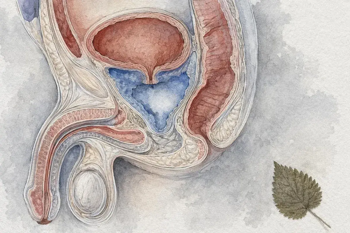 Anatomical illustration of the male reproductive and urinary systems, showing the bladder, urethra, penis, and testes. A dried leaf rests nearby, perhaps a reminder of nature's cycles.