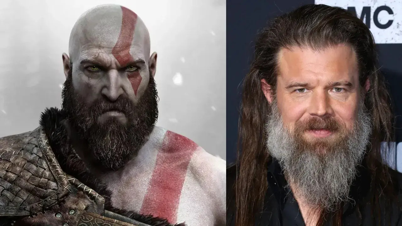Kratos, bóg wojny, obok aktora przypominającego go wyglądem.