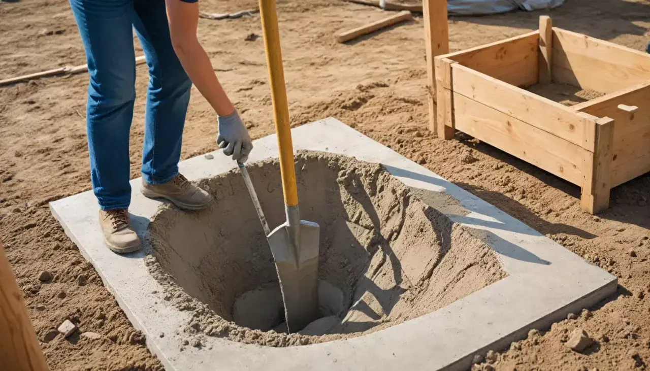 Osoba kopie dół w betonie, przygotowując fundamenty pod słupki ogrodzeniowe. Właściwe proporcje betonu są kluczowe dla stabilności.