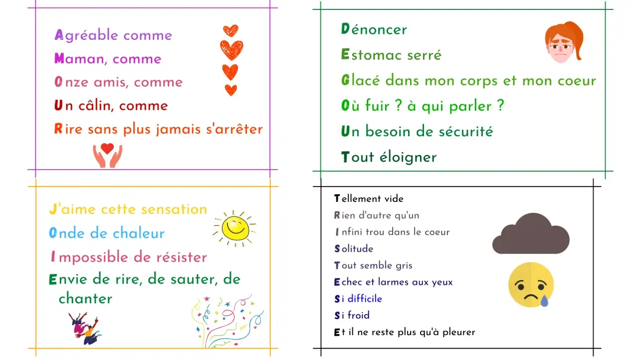 Acrostiche le jeu : quatre poèmes sur les émotions, de la joie à la tristesse, avec des illustrations.