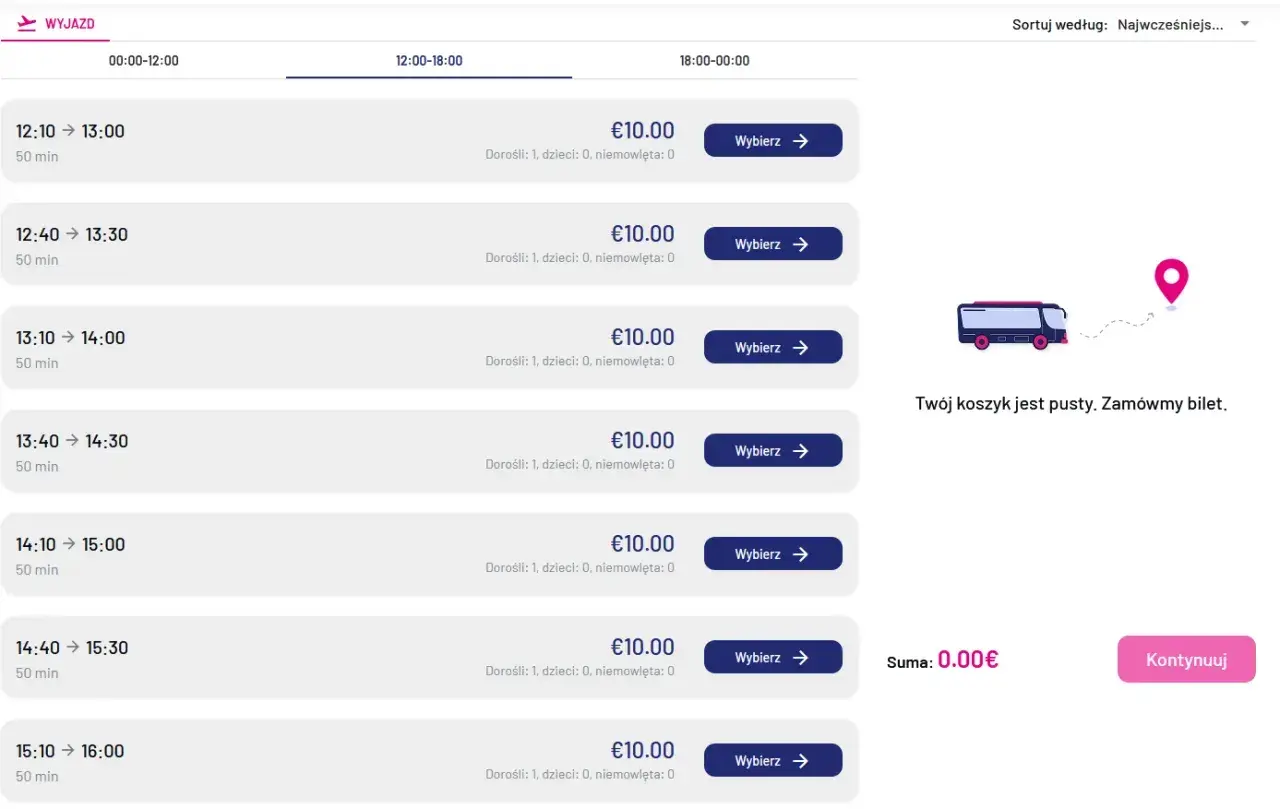 Rozkład jazdy autobusu z Bergamo do Mediolanu. Dostępne kursy co 30 minut, każdy za 10 euro.