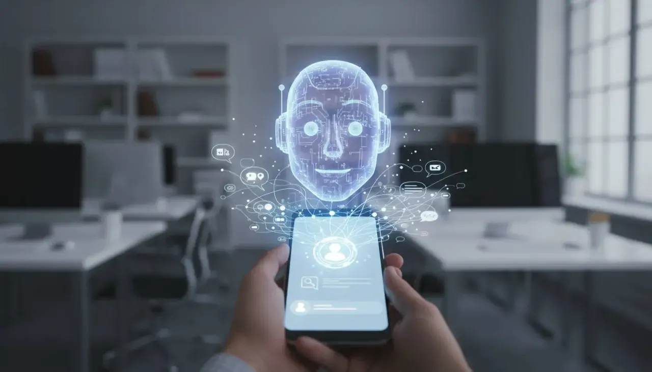 Dłoń trzyma smartfon, z którego wyłania się holograficzna głowa robota. To zaawansowany chatbot, otoczony ikonami komunikacji, gotowy do rozmowy.