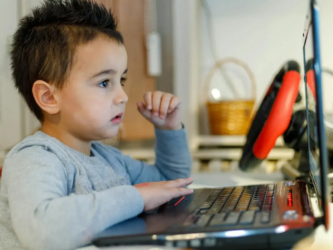 Chłopiec z zaciekawieniem ogląda na laptopie materiały o biologii dla dzieci.