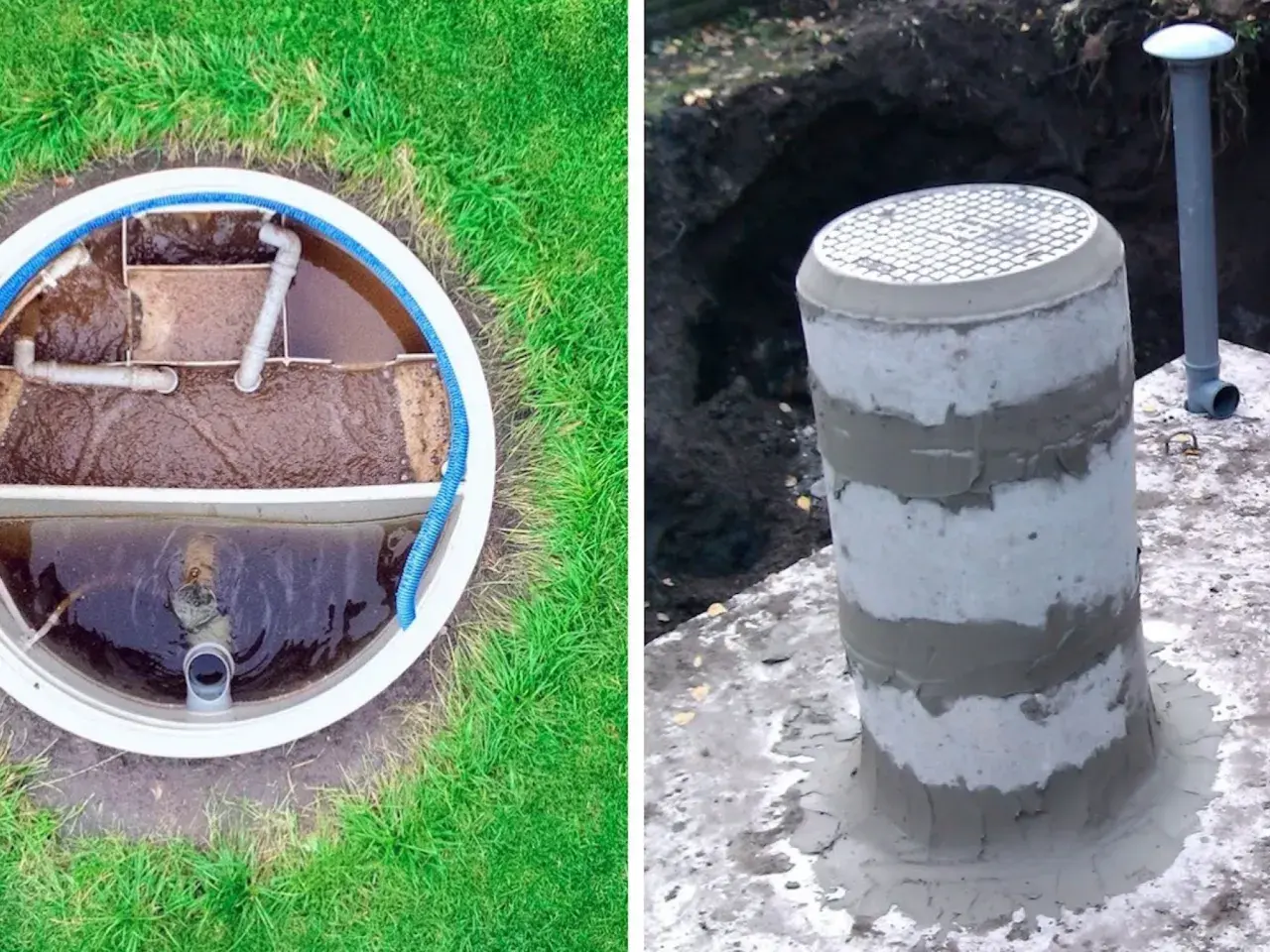 Betonowe szambo z drenażem, widok wnętrza z rurami i zewnętrzna część z włazem.