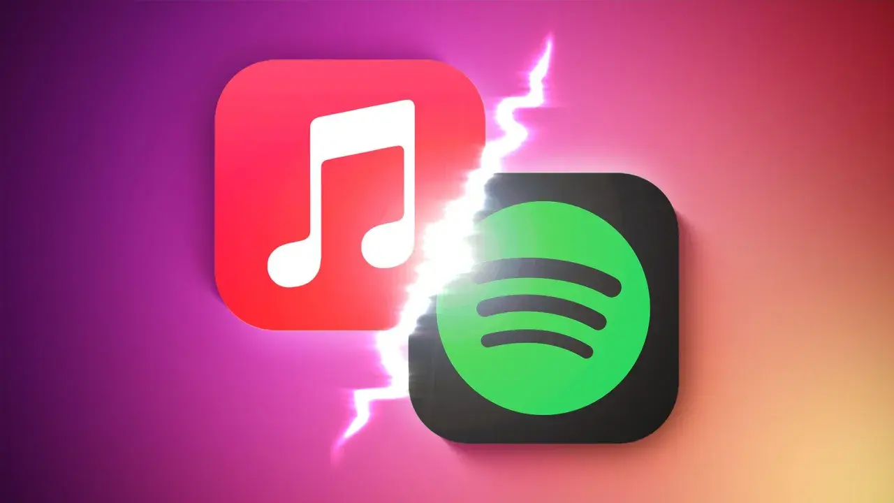 Logo Apple Music i Spotify obok siebie, rozdzielone błyskawicą. Który wybierasz: Apple Music czy Spotify?