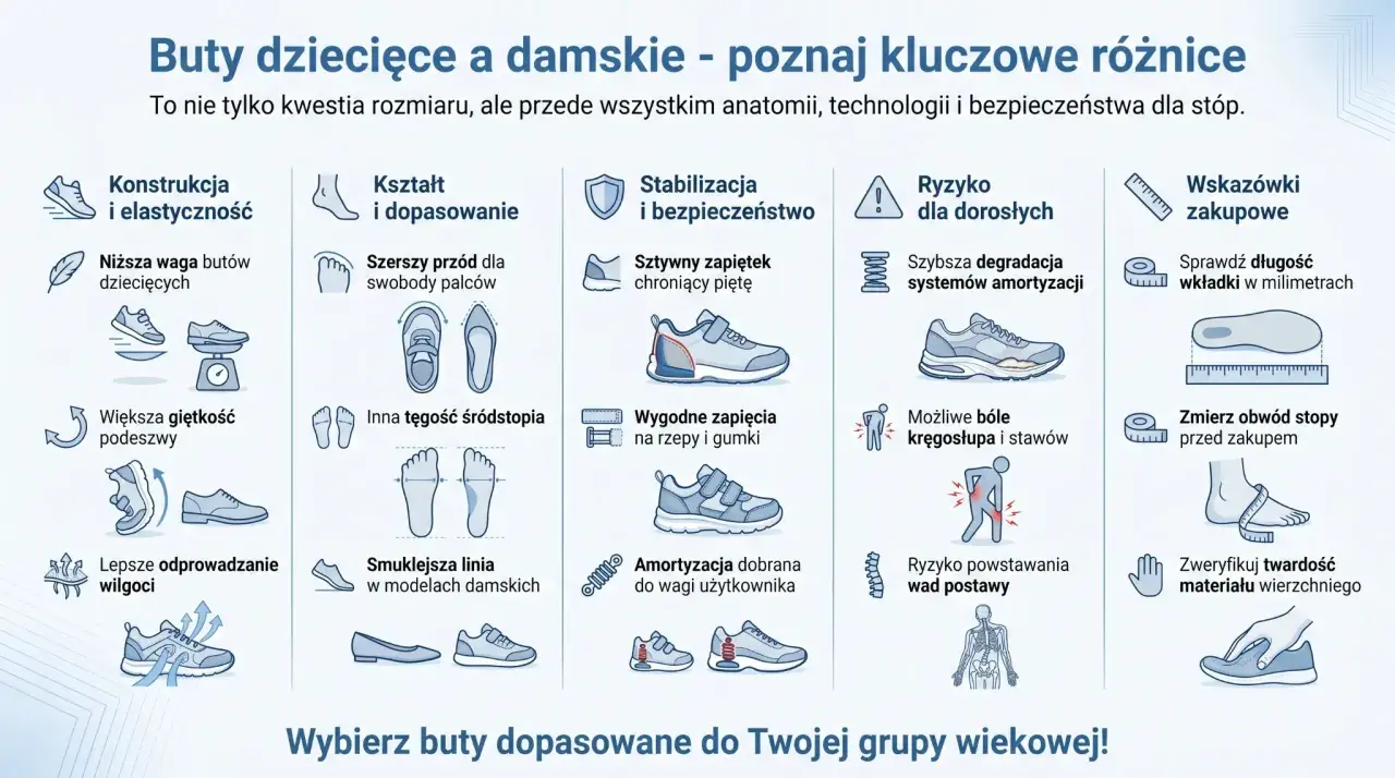 Porównanie butów dziecięcych i damskich: budowa, kształt, stabilizacja, ryzyko dla dorosłych, wskazówki zakupowe. Poznaj części buta i nazwy.