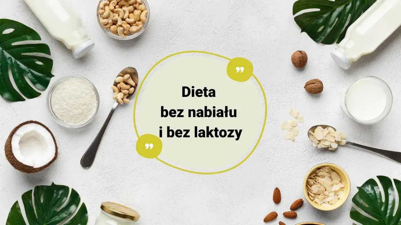 Składniki do diety bez nabiału: mleko roślinne, orzechy, wiórki kokosowe, migdały.