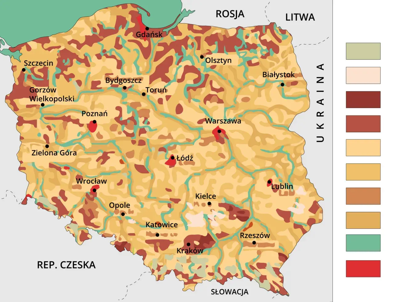 Mapa Polski z zaznaczonymi miastami i regionami o różnym ukształtowaniu terenu. Występują tu gleby, które można zaklasyfikować jako kod odpadu 17 05 04.