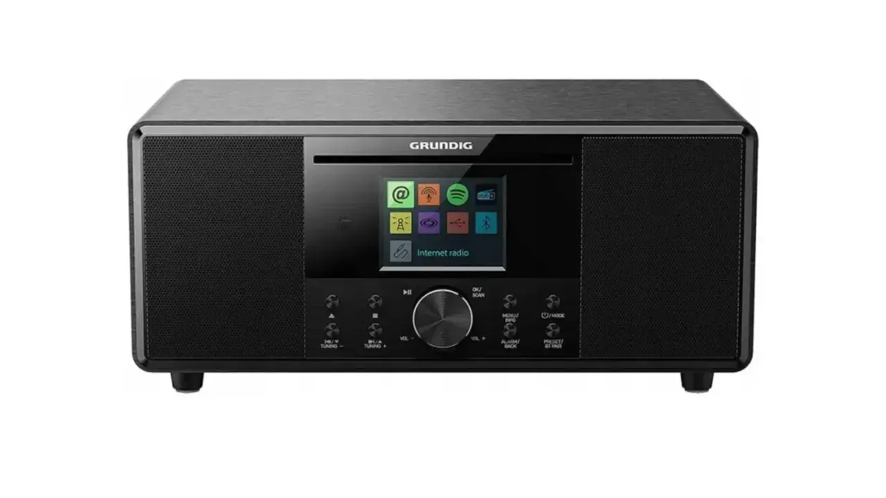 Czarny, nowoczesny Grundig z kolorowym wyświetlaczem, oferujący najlepsze radio internetowe.