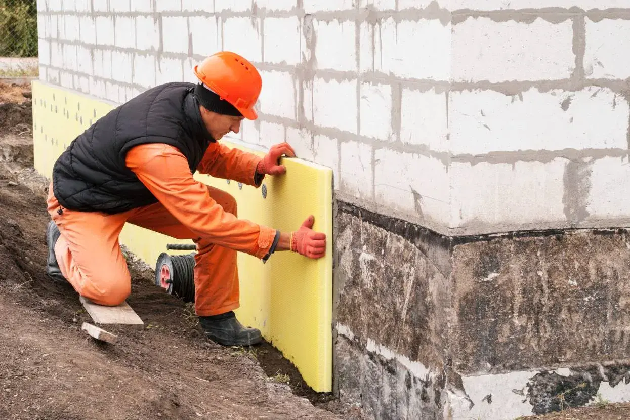 Budowlaniec układa izolację na nierównych fundamentach. Jak zaizolować stare nierówne fundamenty? To klucz do ochrony domu.