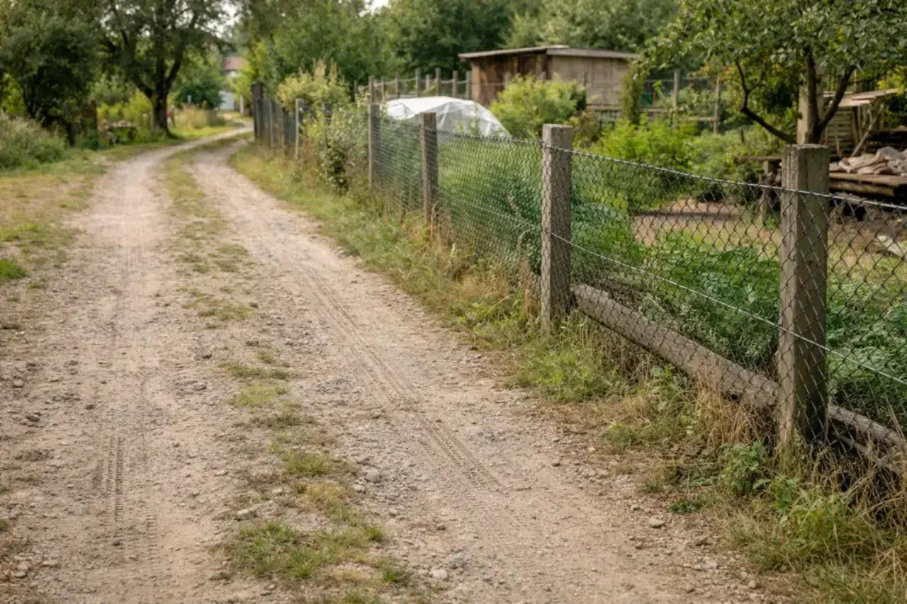 Droga wewnętrzna biegnie wzdłuż siatkowego ogrodzenia, wyznaczając minimalną odległość od granicy działki.