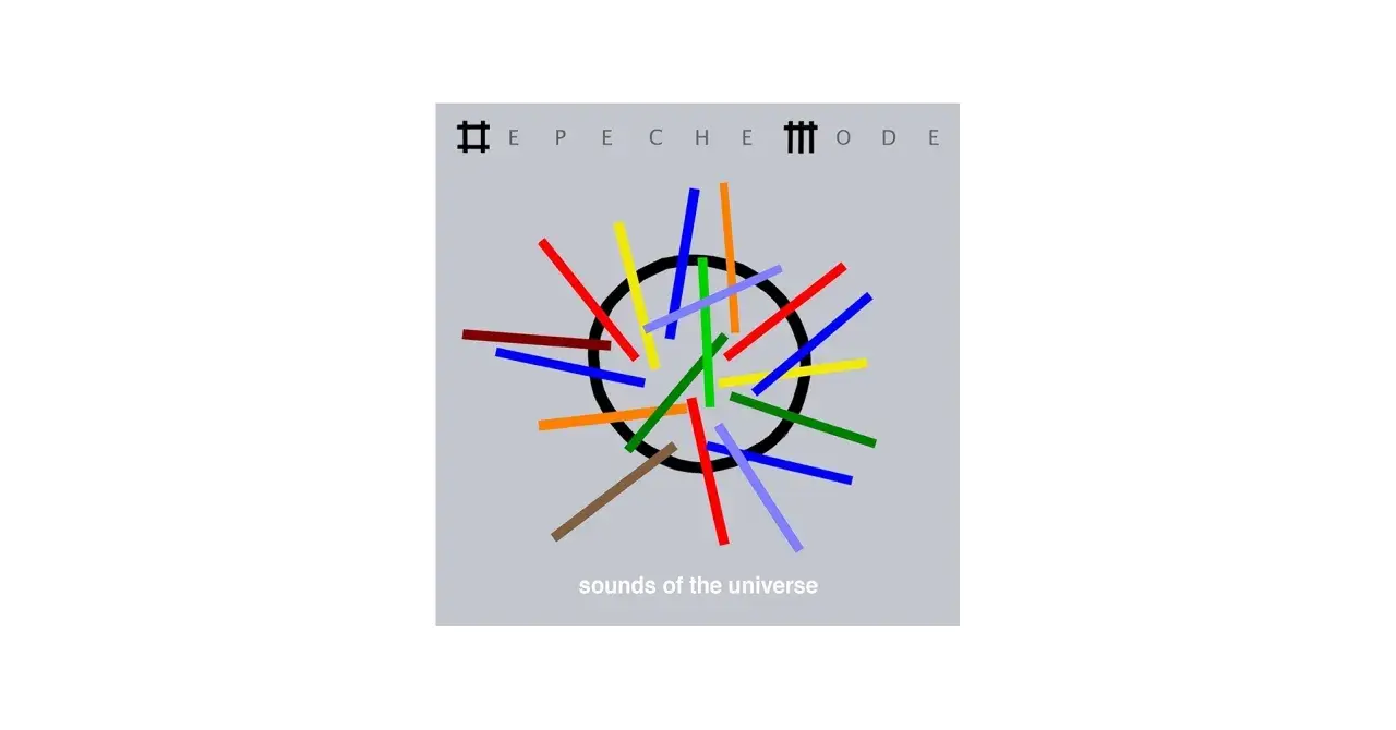 Kolorowe linie wirują wokół czarnego okręgu, tworząc wizualizację "sounds of the universe". Nad nimi logo Depeche Mode.