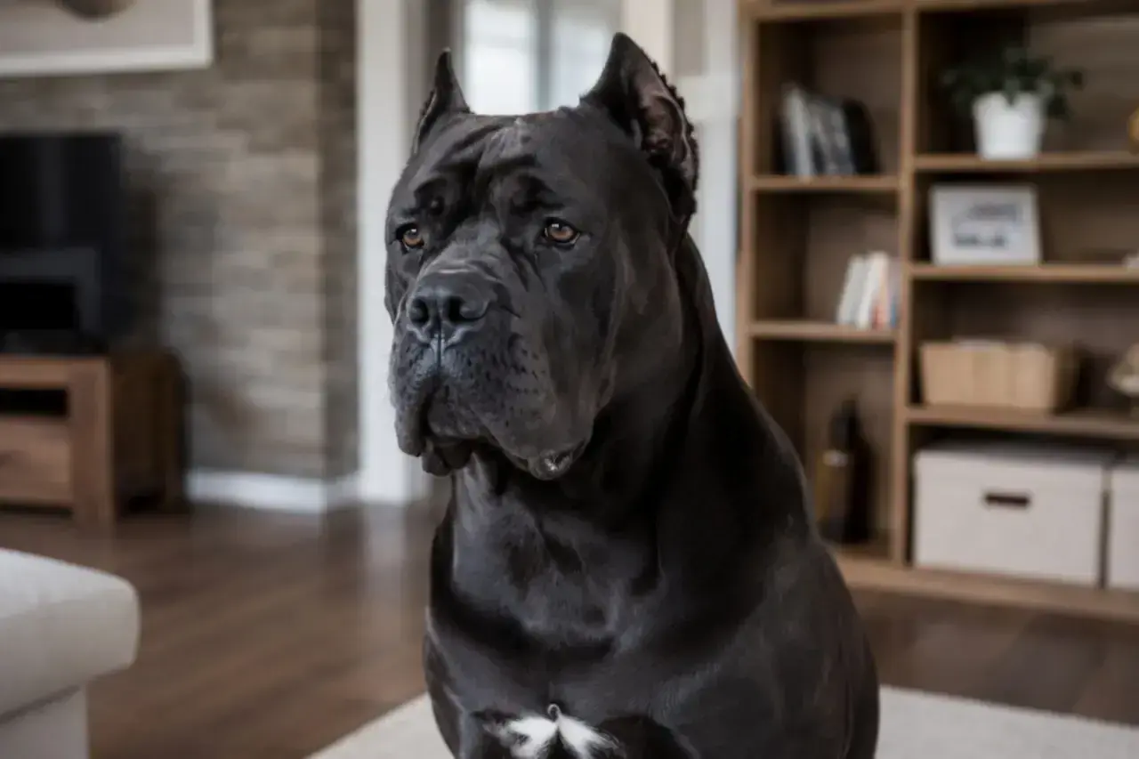 Potężny czarny pies rasy Cane Corso siedzi w salonie. Zastanawiasz się, ile kosztuje Cane Corso?