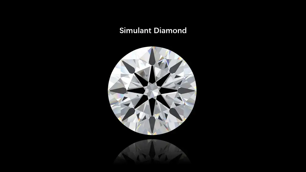 A brilliant cut simulant diamond on a black background. The text "Simulant Diamond" is above it. This image helps understand the simulated diamond meaning.