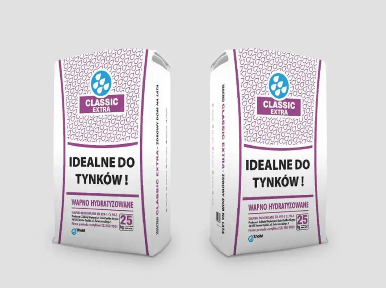 Dwie torby z wapnem budowlanym Classic Extra. Produkt idealny do tynków, wapno hydratyzowane, 25 kg.