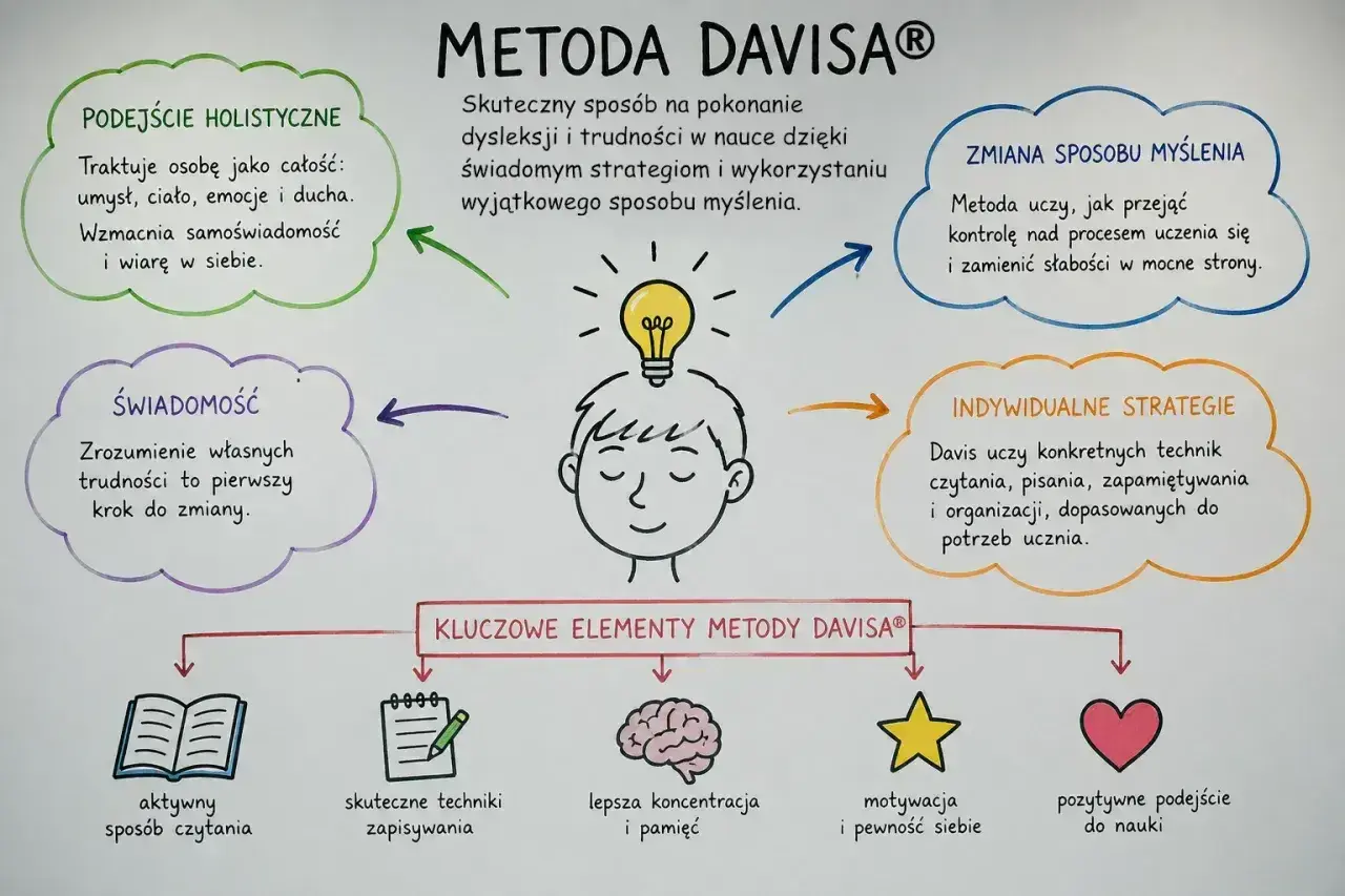 Metoda Davisa pokazuje, że dysleksja to nie choroba, lecz sposób myślenia. Uczy świadomych strategii, holistycznego podejścia i indywidualnych technik.
