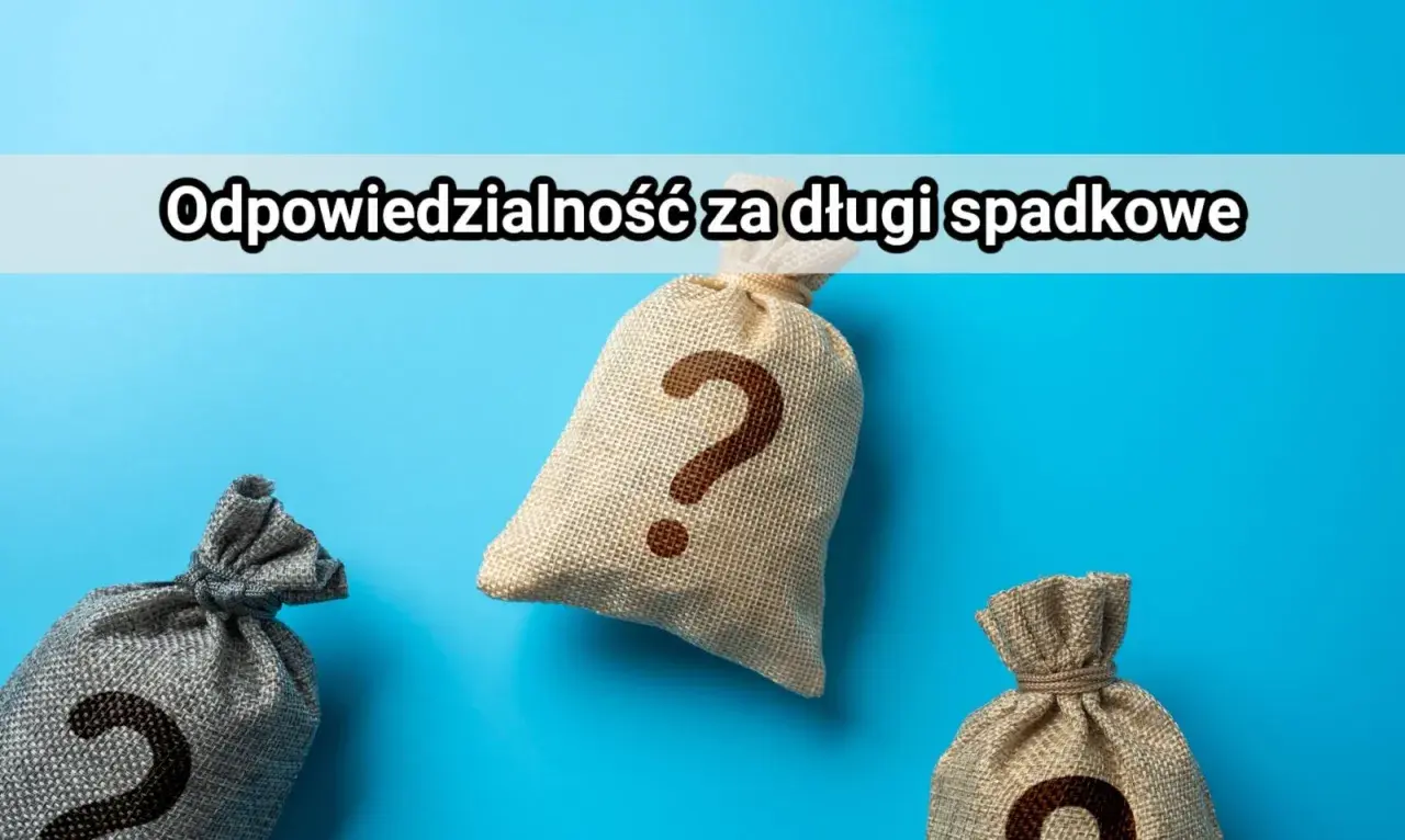 Trzy worki symbolizujące majątek, jeden z pytajnikiem. Temat: odpowiedzialność za długi spadkowe w postępowaniu spadkowym.